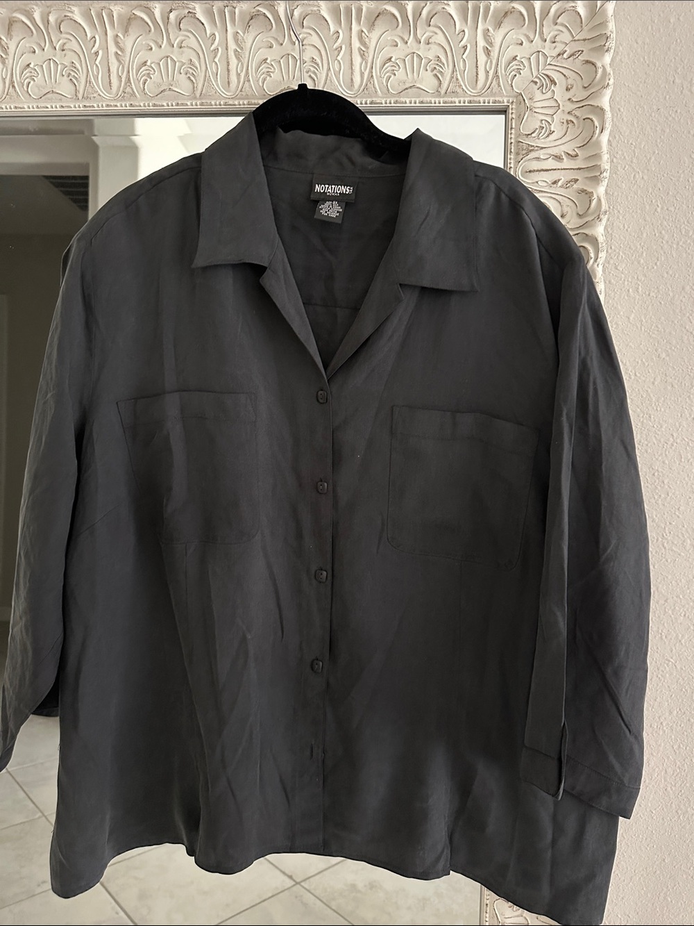 Notations Silk Black Quarter Sleeve Button Down Top